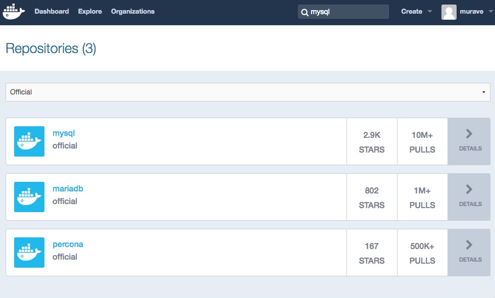 Docker HubでOfficial縛りでMySQLを検索
