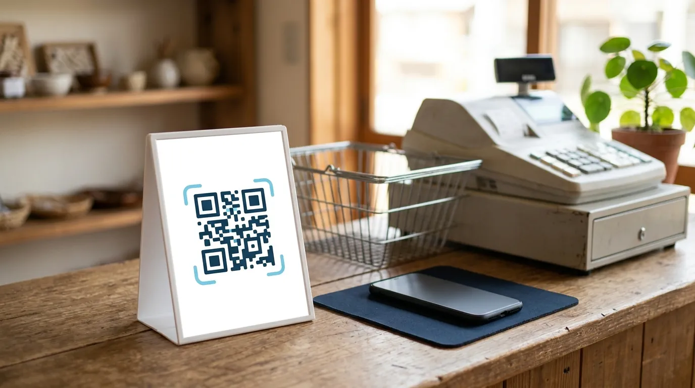 お店のレジ横に置いた、QR コードの札とスマートフォン
