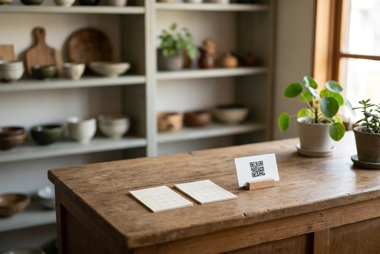 雑貨店のカウンターに置いた、紙のスタンプカードと QR コードの札