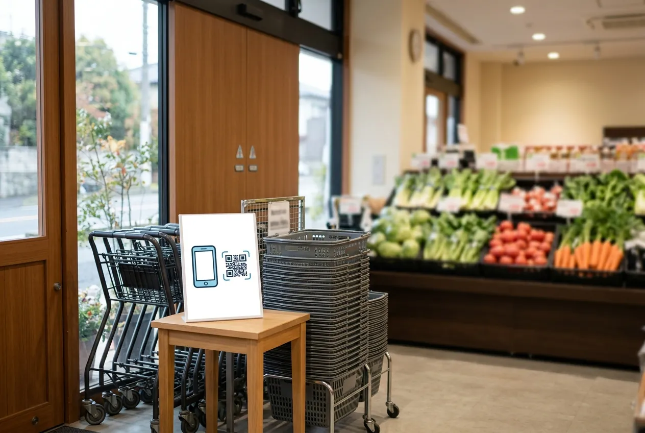 スーパーの入口の、かご置き場の横に立てた、アプリの QR コードの札